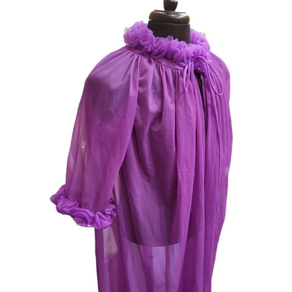 Vintage Union Made ILGWU Purple Sheer Ruffle Sleeve House Coat Robe M - Picture 7 of 13